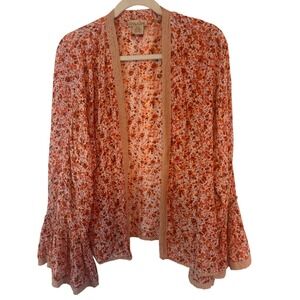 Nalini Kimono Cardigan Floral Bell Sleeve One Size Orange Womens Boho Shimmer